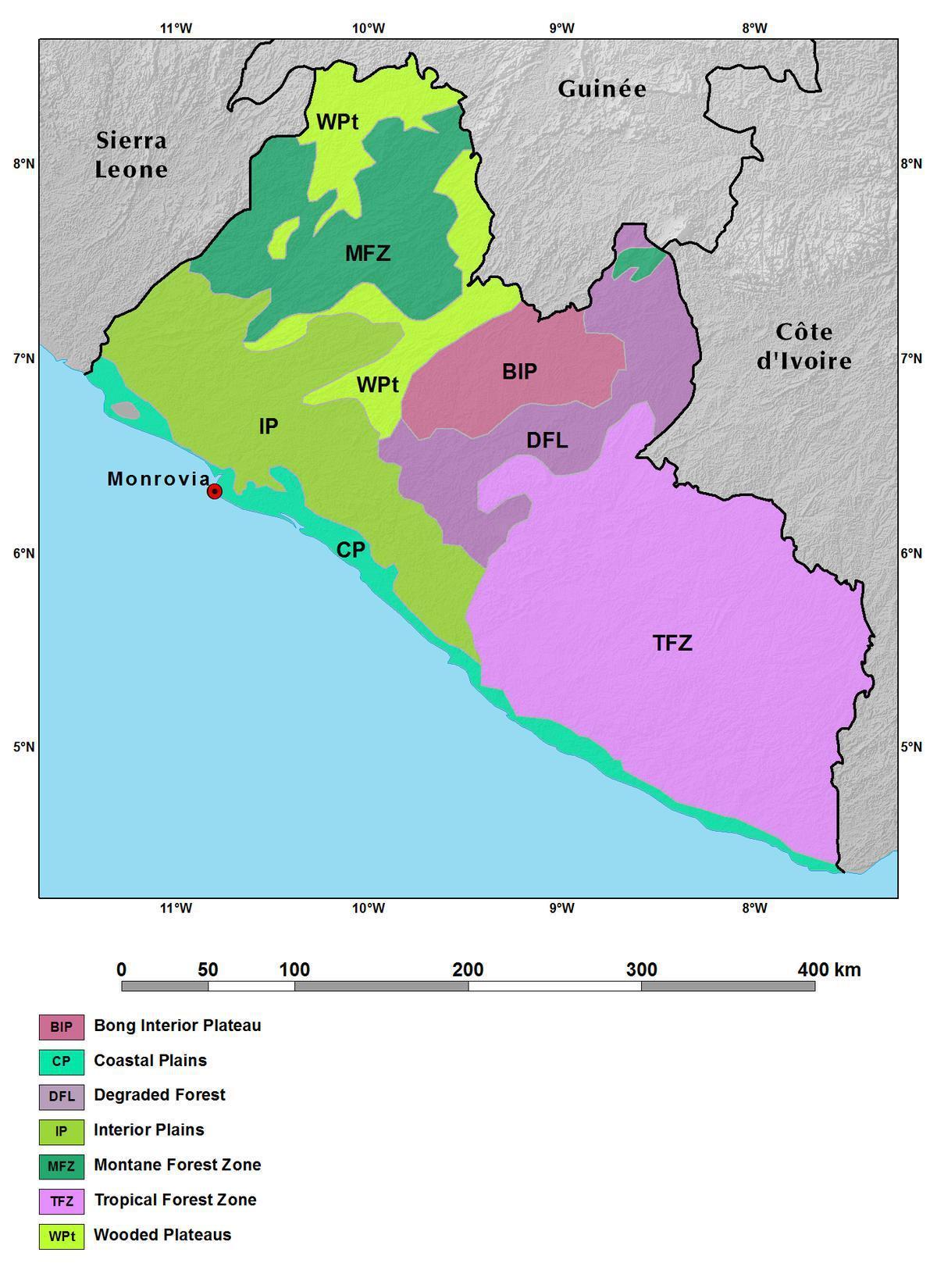 carte du Liberia montagnes